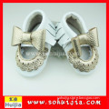 China supplier new product white and gold lace bow cow leather moccasins India dance shoes for girls